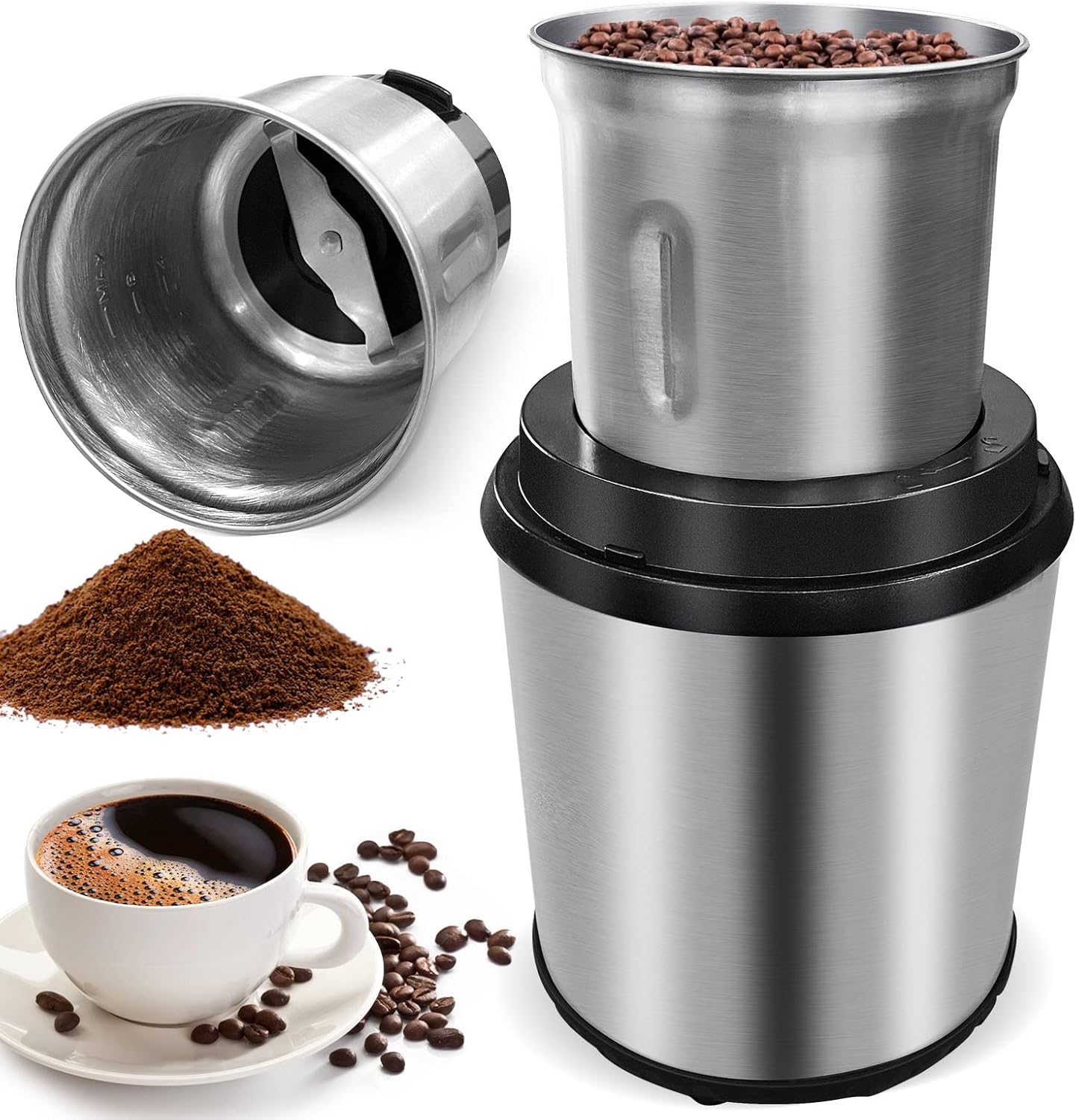 Electric coffee grinder featuring a powerful 200W motor and a removable 0.6L stainless steel cup, ideal for grinding coffee beans to enhance your 0